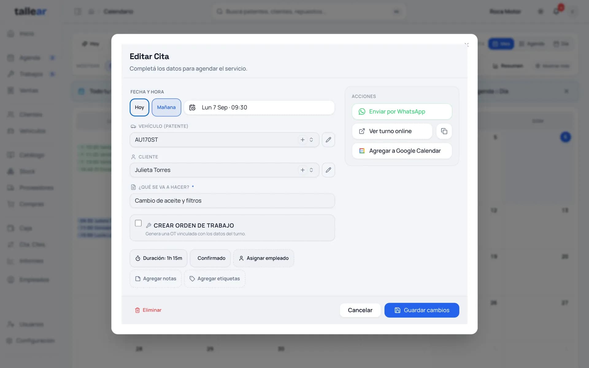 Una cita abierta en Tallear, con los botones para mandarla por WhatsApp y agregarla a Google Calendar