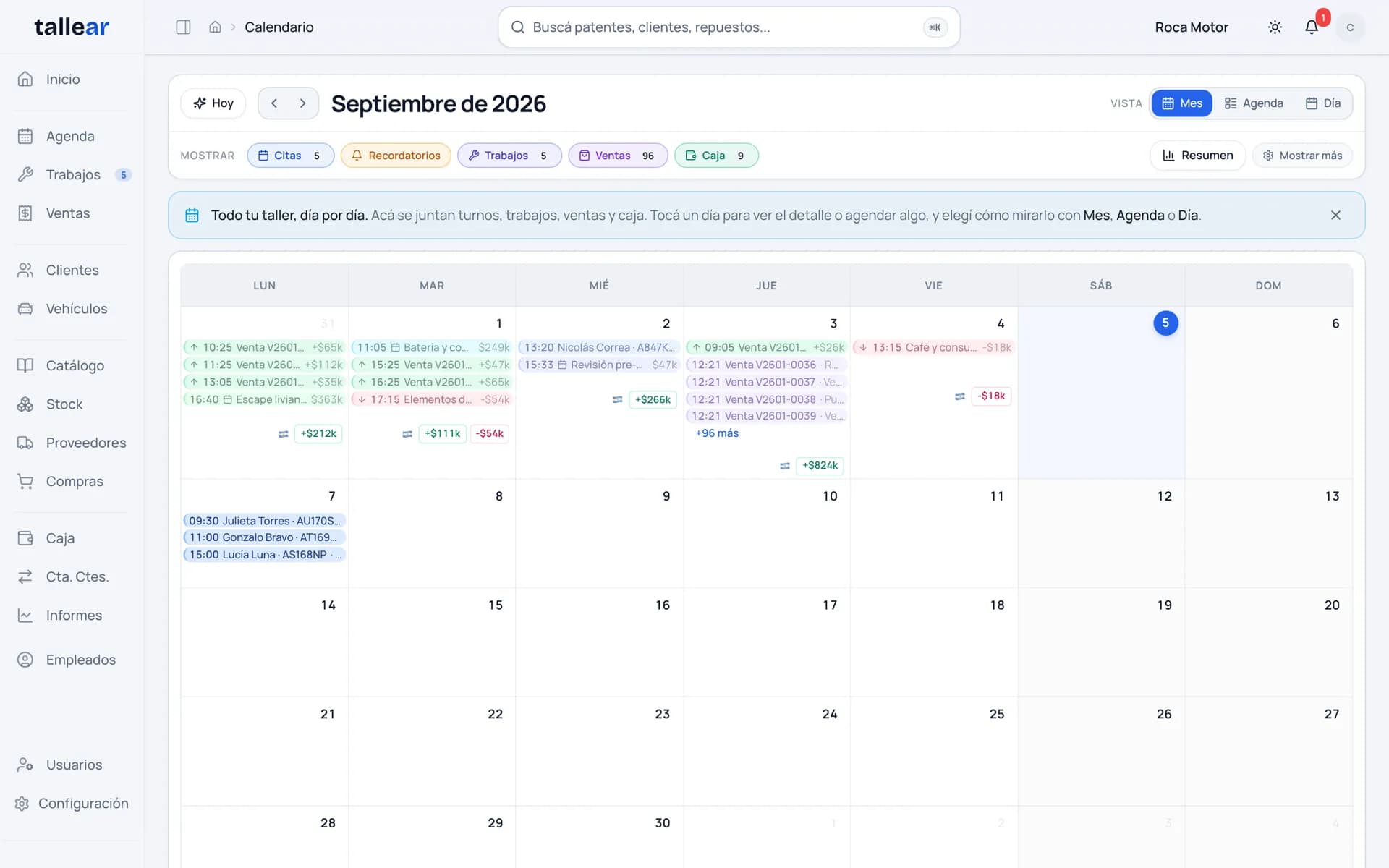 Calendario del taller con turnos, trabajos, ventas y caja por día en Tallear