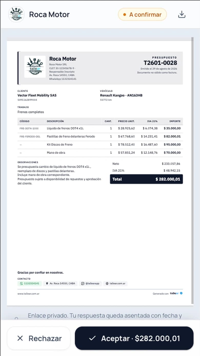 El presupuesto abierto en el celular del cliente, con el total, el detalle y el botón para aceptarlo.