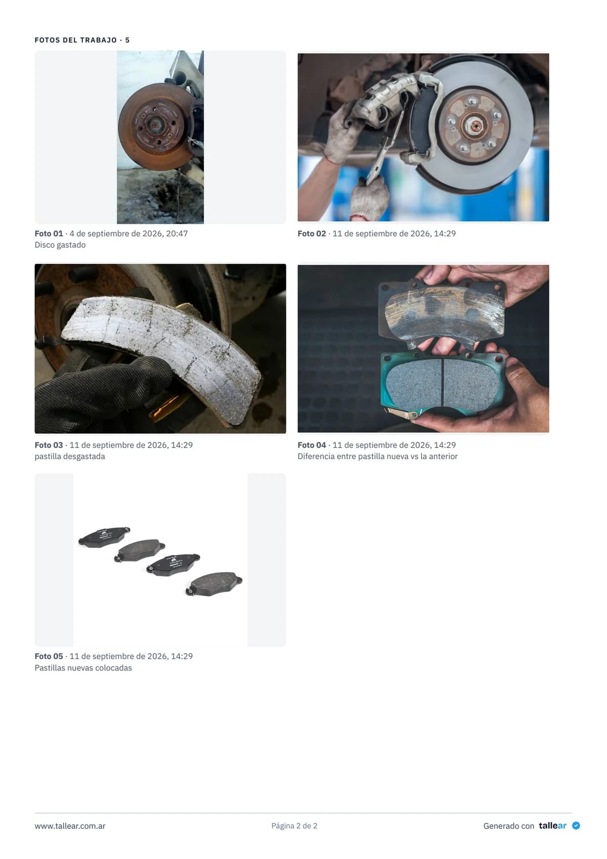 La hoja de fotos que acompaña al presupuesto, con las imágenes del trabajo, su fecha y su descripción.