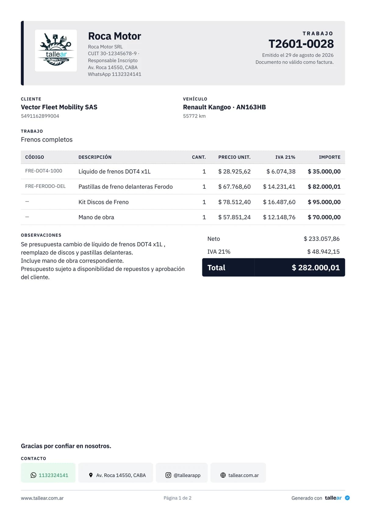 Comprobante de entrega de trabajo hecho con Tallear, con logo, ítems y total.